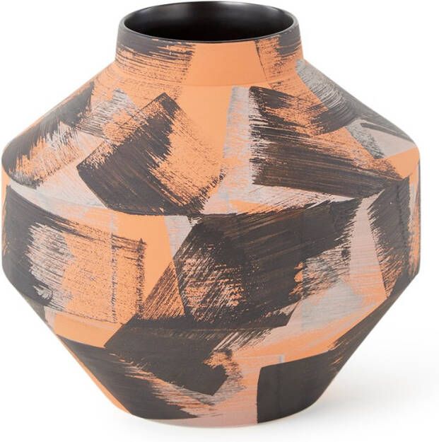 HKliving Vaas hand geborsteld oranje/zwart keramiek