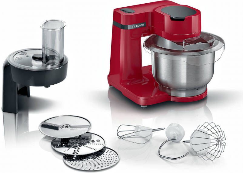 BOSCH Keukenmachine MUMS2ER01, MUM serie 2 MUM serie 2, 700 W, 3, 8 l edelstalen schaal, veelzijdig te gebruiken, continu rasp en snijapparaat inclusief 3 edelstalen schijven, patisserieset, rood