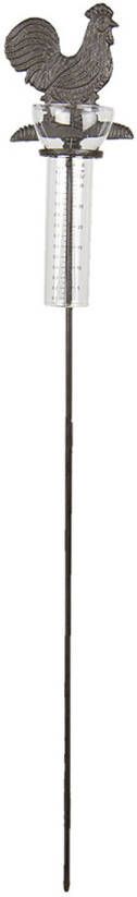 Clayre & Eef Regenmeter 13x11x89 Cm Bruin Ijzer Glas Haan Pluviometer Tuinprikker Tuinsteker Bruin Pluviometer