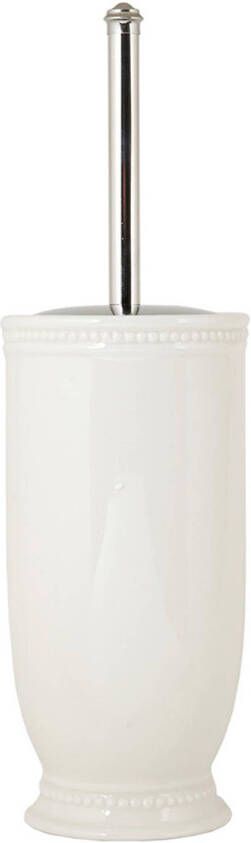 Clayre & Eef Wc Borstel Met Houder Ø 11x24 Cm Wit Keramiek Rond Toiletborstelhouder Toiletborstel Houder Wc