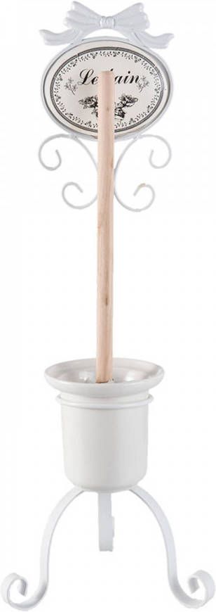 Clayre & Eef Wc Borstel Met Houder 58 Cm Wit Ijzer Keramiek Rond Toiletborstelhouder Toiletborstel Houder Wc
