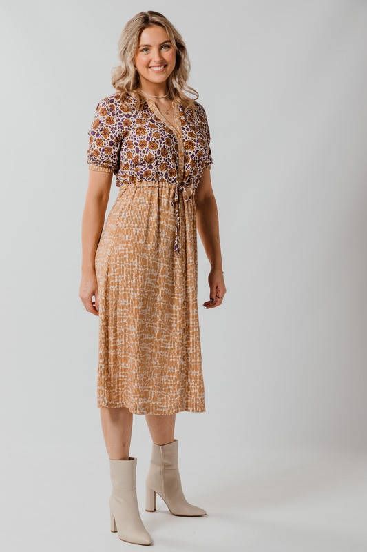 Geisha maxi jurk met all over print bruin/gebroken wit/paars