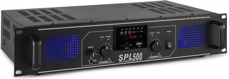 SkyTec 2 x 250W DJ PA versterker SPL500MP3 met USB MP3 speler