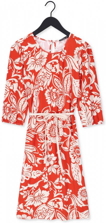 Juffrouw Jansen jurk Merith met bladprint en plooien brique/ecru