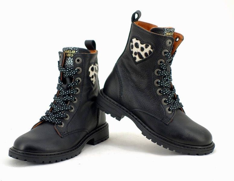 Develab 42254 leren veterboots met dierenprint zwart